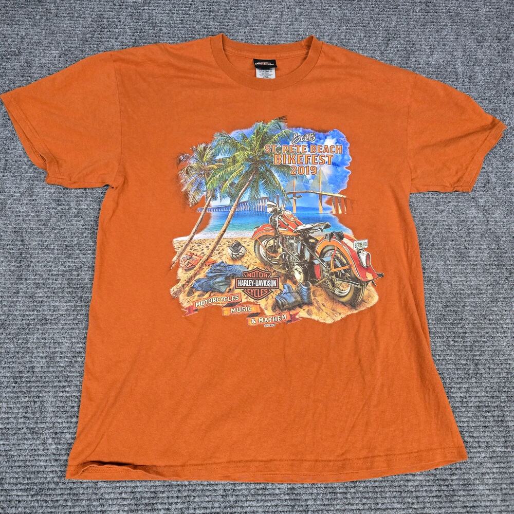 Harley Davidson St Pete Beach BikeFest 2019 T Shirt Mens L Orange Berts Florida